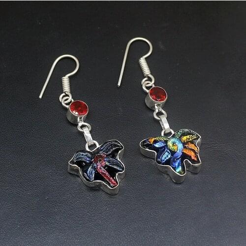 Hermosa Trendy Dichroic Glass Red Garnet Silver Color Jewelry Gifts Dangle Drop Earrings for Women Girls 2 1/8 Inch FQ239