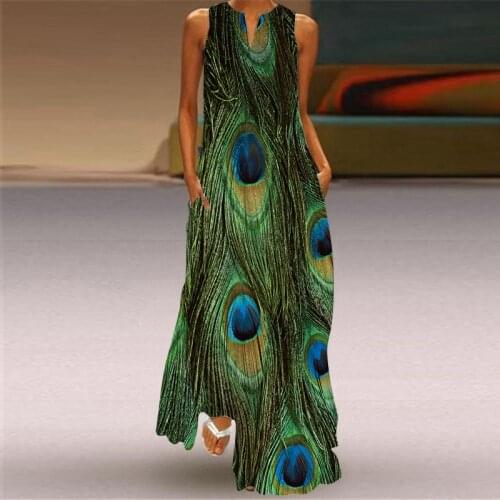 MOVOKAKA Breathable Peacock Feather Green Dress 2021 Vintage Casual Long Dresses Summer Woman Sleeveless Beach Maxi Dress Women
