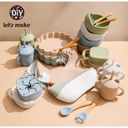 Lets Make 7pcs/set Silicone Baby Feeding Tableware Set Silicone Toddler Cup Bowl Food Plate Feeding Training Children Dishes