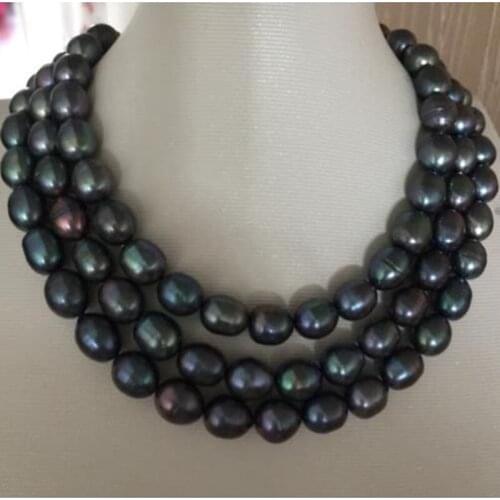 Stunning 11-12mm tahitian baroque black green pearl necklace 48inch 925 silver