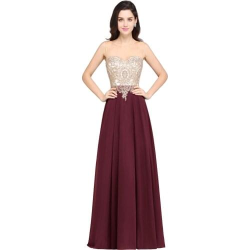 SALE Elegant Gold Lace Applique Bridesmaid Dresses Dama de honor Long Sleeveless Sexy See Through Back A line Chiffon Mesh Neck