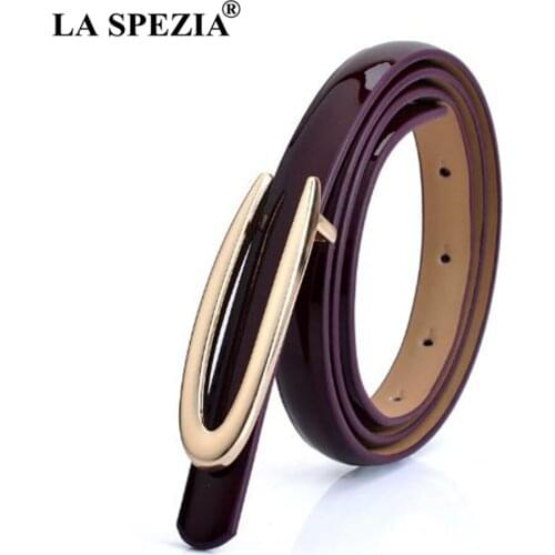 LA SPEZIA Women Thin Leather Belt Coffee Smooth Buckle Belt Ladies Patent Real Leather Cowhide Brand Narrow Belts For Dresses