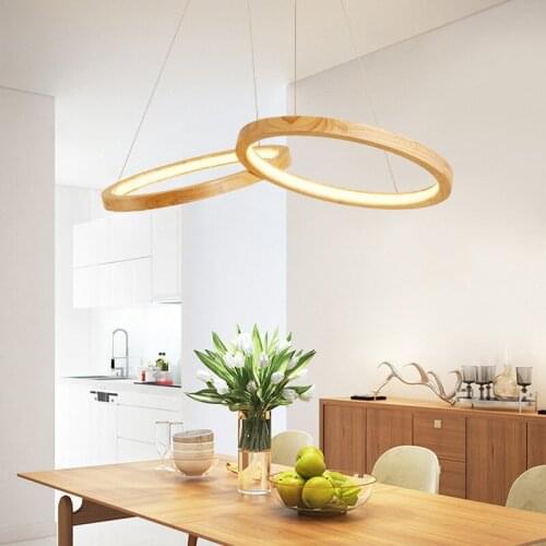 Nordic modern contracted living room dining room lamp bedroom wood chandelier Japanese style creative ring wood LED chandelier