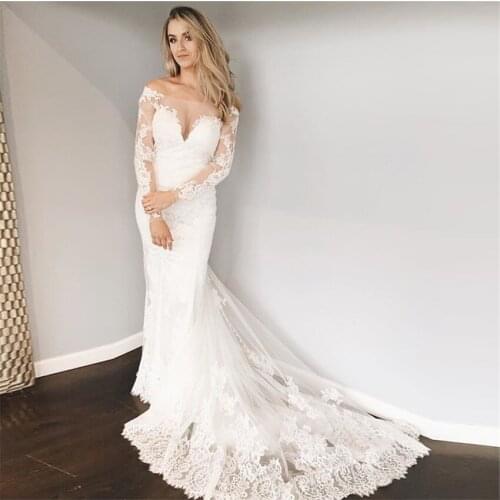 Off The Shoulder Wedding Dresses With Long Sleeves Mermaid Style Bridal Dresses Vintage Lace Appliques White Ivory Wedding Gown