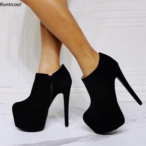 Ronticool Women Platform Pumps Faux Suede Side Zipper Sexy Stiletto Heel Round Toe Black Club Wear Shoes Women US Plus Size 5-20