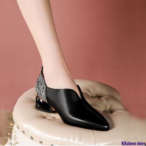 Spring Shoes Woman Mid Heels 2020 Women Pumps Pointed toe Office Lady Work Shoe Thick Heel Sequince Soft PU LEATHER Black Silver
