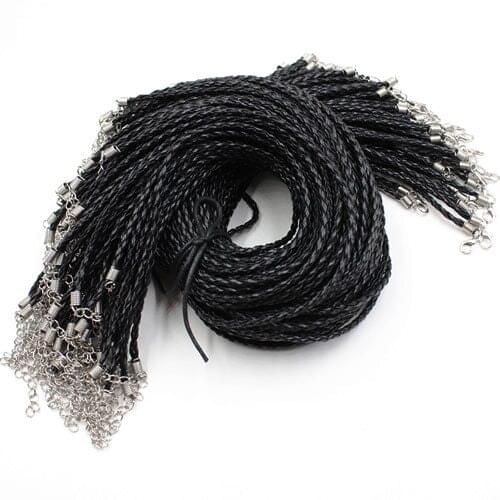 50pcs/lot 17-19 Inch Adjustable Black Necklace Braided PU Leather Rope Cord String 3mm For DIY Jewelry Making (K03586)