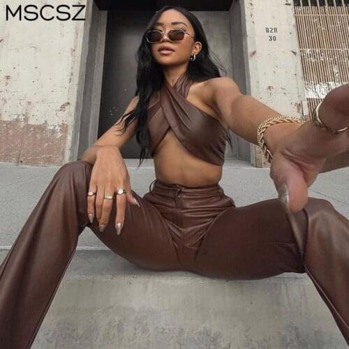 PU Leather Two Piece Set Women Sexy Outfit Backless Halter Crop Top And Leather Pants Set Brown Trousers Suit Party Club Wear