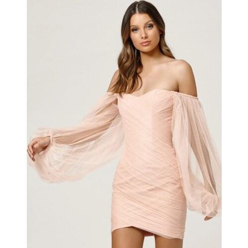 DEIVE TEGER 2021 Summer Womens Dress Off Shoulder Long Sleeve Vestido Celebrity Drape Mesh Bandage Bodycon Mini Dresses