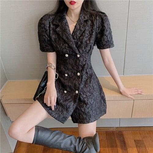 French Double-breasted Suits Dress Women White Temperament Bubble Sleeve Dress Pleated Above Knee Short Vestido Black Plus Size