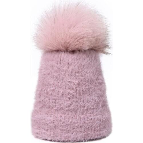 Winter Pompon Beanies Hat With Real Fox Fur For Women And Girls Caps Adult Kids Parenting Beanies Warm Soft Mink-like velvet Hat