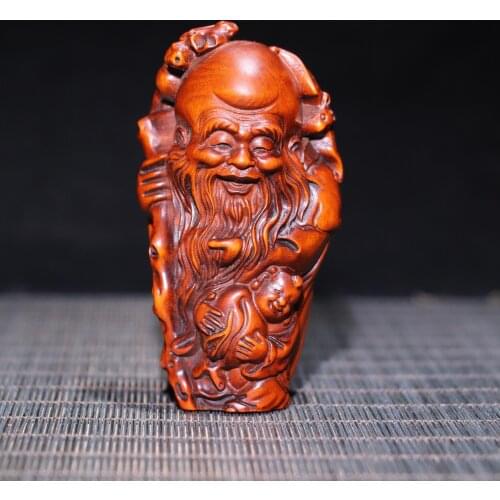 3" China Lucky Old Boxwood Hand-carved Birthday statue Handle Pendant amulet Town House Exorcism Ward off evil spirits