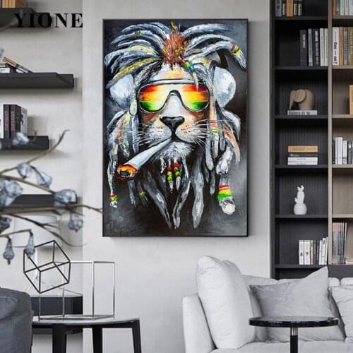 Abstract Smoking African Lion Oil Painting Grey Colored Animal Head Canvas Print Poster Wall Art Picture for Living Room Bedroom