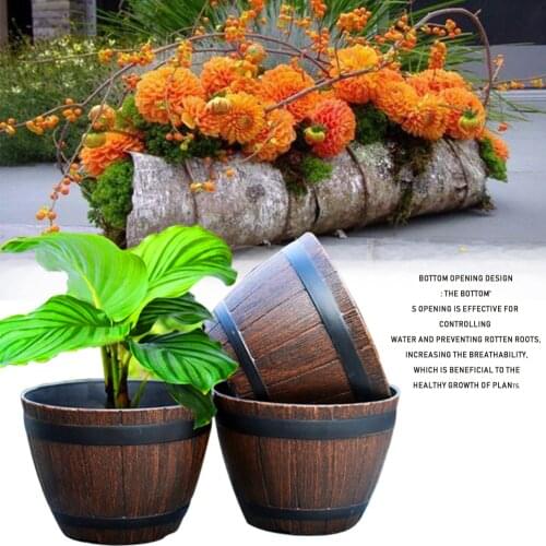 1 Set Imitation Wooden Barrel PP Resin Flower Pot Plant Storage Holder Imitated Wood Planting Barrel Flower Pot Garden Supplies