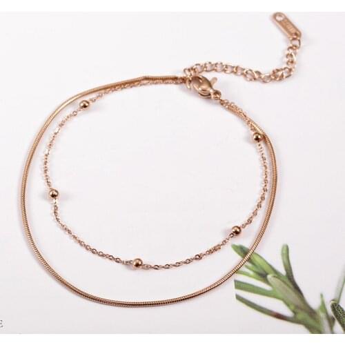 Two Layers Snake Chain Rose Gold Color Link Chain Bracelet With 5cm Extending Length Stainless Steel Statement Jewelry