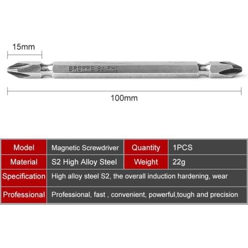 HOEN 1pcs S2 PH2 Double Ended Power Driver Bit 100mm 1/4"(6.35mm) Phillips Screwdriver Bit With Magnetic