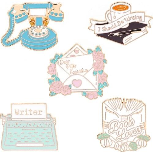 Enamel Pins Creative Letter Phone Cup Book Pins And Brooches For Women Men Party Jewelry Gifts Accessories