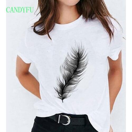 T-shirts Women Top Watercolor Feather Cartoon Bird 90s Casual Lady shirt Graph T-Shirt Ladies Tshirt Harajuku Tees Kawaii