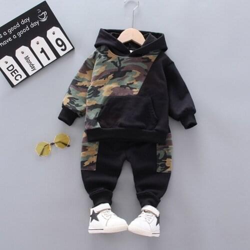 Baby Boys Camouflage Clothes Set Long Sleeve O-neck Hooded Tops + Elastic Waist Long Pants For kid boys Spring Fall clothes 2pcs