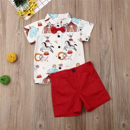 2Pcs Kids Boy Gentleman Clothes Set Casaul Toddler Baby Boy Clothes Cartoon Printed Circus Bow-knot Tops+Shorts Party Outfits