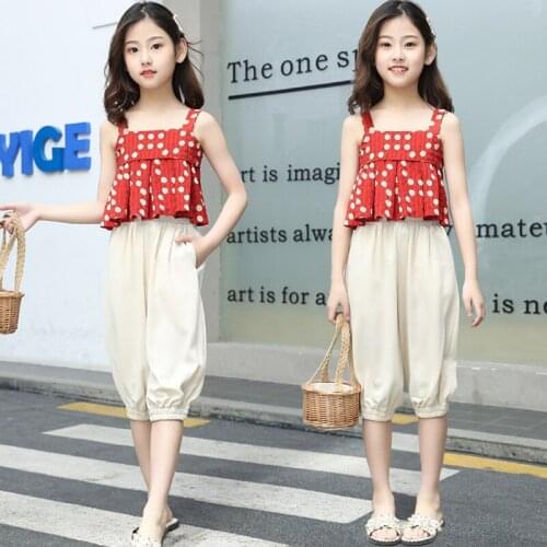Children Girl Summer Clothing Set Dot Fashion Strap Shirts+pants Girls Kids 2pcs Princess Suits Clothes