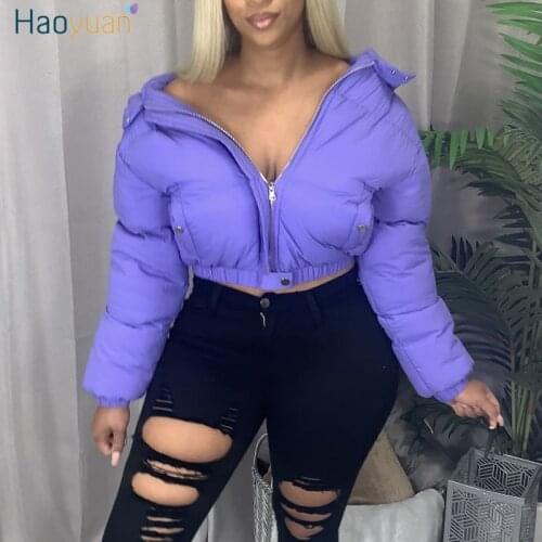 HAOYUAN Cropped Puffer Jacket Winter Clothes for Women Warm Parka Fashion Short Outwear Long Sleeve Zip Thick Down Bubble Coats