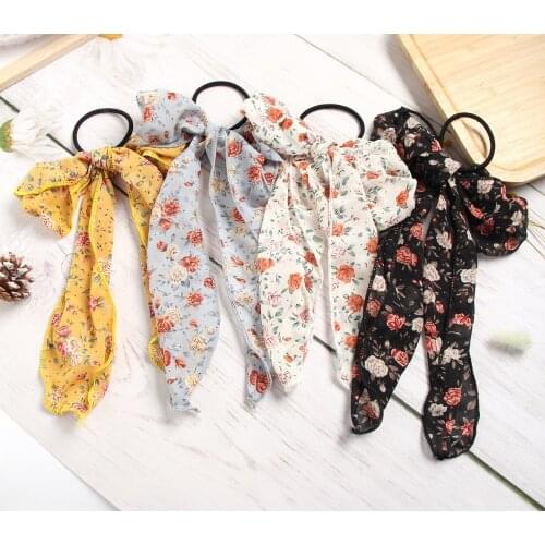 Fashion Women Girls Chiffon Bowknot Female Hairband Small Rose Print Elastic Hairbands Sweet Headwear Simple Hair Accessories