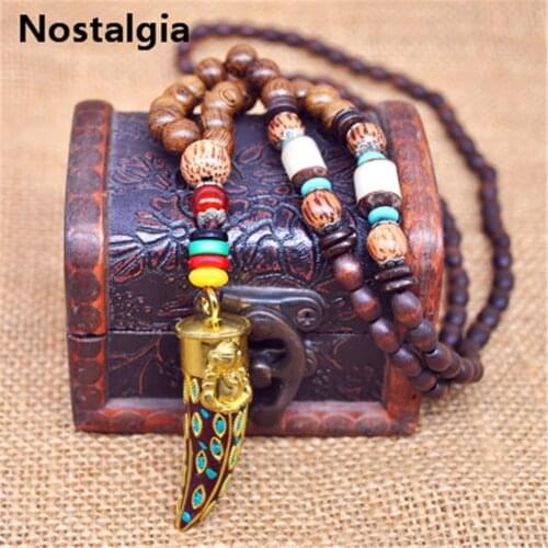 Fashion Handmade Nepal Jewelry Buddhist Mala Wood Beads Pendant Necklace Ethnic Horn Fish Long Statement Necklace For Women Men