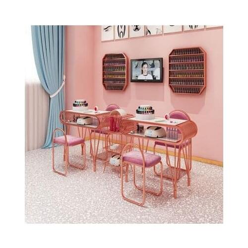 Ins online celebrity marble nail art table and chair set single double gold wrought iron double manicure workbench postage