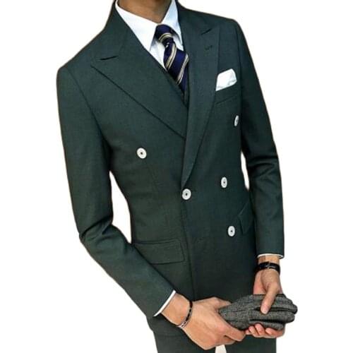 Double Breasted Green Peak Lapel High quality Groom Tuxedos Bridegroom Suits Groomsman suit men (Jacket+Pant+tie)