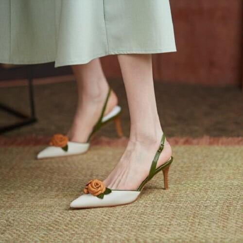 Summer new retro pointed white flowers bridal wedding shoes stiletto high-heeled party dress all-match fashionable womens sandal