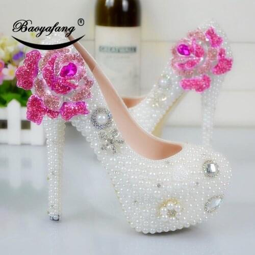 2019 New arrival Womens wedding shoes white pearl Bridal party dress shoes fucshia Flower Woman High heels platform shoe