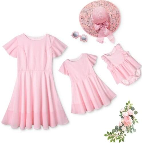 New Family Women Girls Pink Dress Mother Daughter Wedding Party Dresses Mommy Kids Clothes Mom Baby Romper Matching Outfits