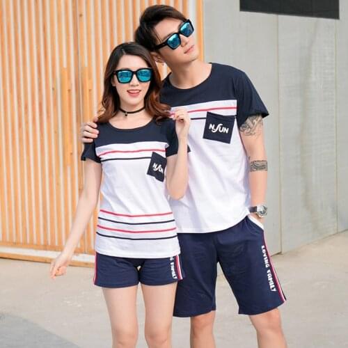 Korean Couple Matching Clothes Striped T-Shirts College School Lovers Pair Women Men Fashion Summer Vacation Outfit Wear Set