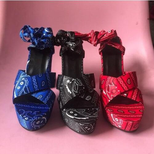 Sexy Thick Heel Platform Sandals Bandana Print Back Strap Cross Tied Peep Toe Shoes Ladies Party Prom Dress Summer Footwear