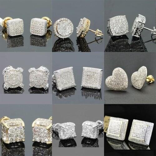 Hip Hop Geometry Square Iced Out Bling Stud Earrings Gold Micro Pave Cubic Zircon Stud Earring for Men & Women Fashion Jewelry