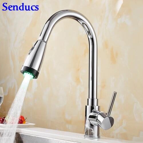 Senducs LED Chrome Pull Down Kitchen Faucet Quality Brass Kitchen Sink Faucet Deck Mounted LED Pull Out Kitchen Mixer Tap