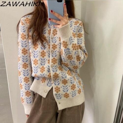ZAWAHIKI Korean Autumn Winter New Retro Jacquard Long Sleeve Cardigan Sweater Sweet O Neck Single-breasted Tops for Women