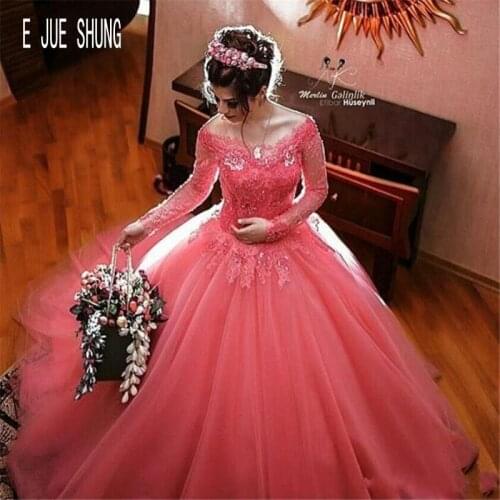 E JUE SHUNG Gorgeous Pink Wedding Dresses Long Sleeves Boat Neck Lace Appliques Beading Button Back Ball Gown Bride Dresses