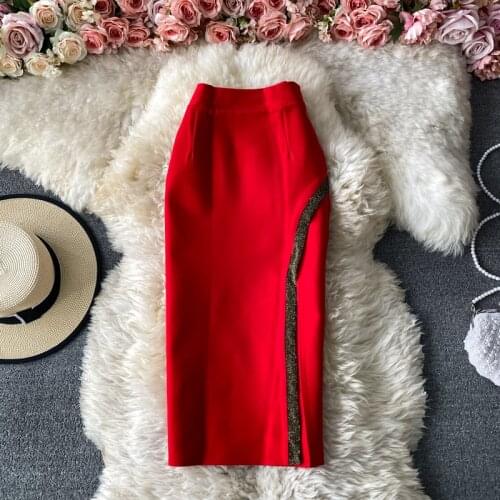 Spring Autumn New Front Slit Skirt Retro Mid-length Temperament OL Professional Wear Sexy High Waist Bag Hip Skirt UK906