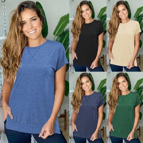 Womens Fashion Casual Solid Color Round Neck Drop Shoulder Short Sleeve T-Shirt Top