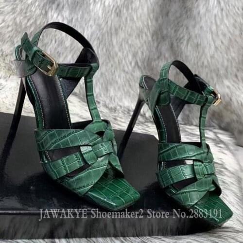 New Super High Heel Woven Leather Sandals for Women Runway Ankle Strap Gladiator Sandals Open Toe Stone Pattern Party Shoes