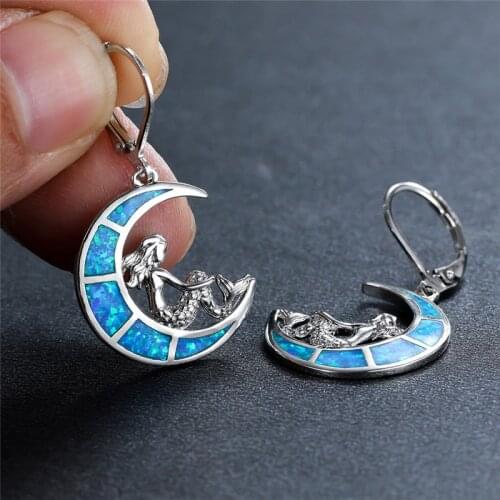 Boho Female Moon Mermaid Earrings Rose Gold Silver Color Clip Earrings For Women Charm Blue Opal Stone Wedding Earrings