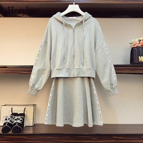 Plus size women autumn two piece set sportswear long sleeve hooded cardigan coat and spaghetti straps mini A-line dresses set