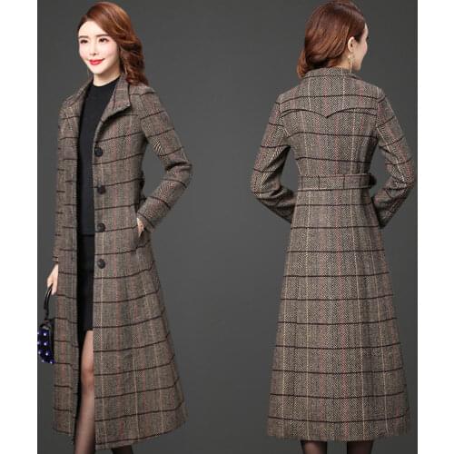 2021 Autumn Winter Houndstooth Women Wool Long Coat With belt Elegant Slim Temperament Outwear Female Warm Wool Windbreaker Coat