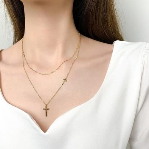 316L Stainless Steel Kuziduocai 2021 New Fashion Jewelry Double-layer Cross Choker Collier Necklaces & Pendants For Women