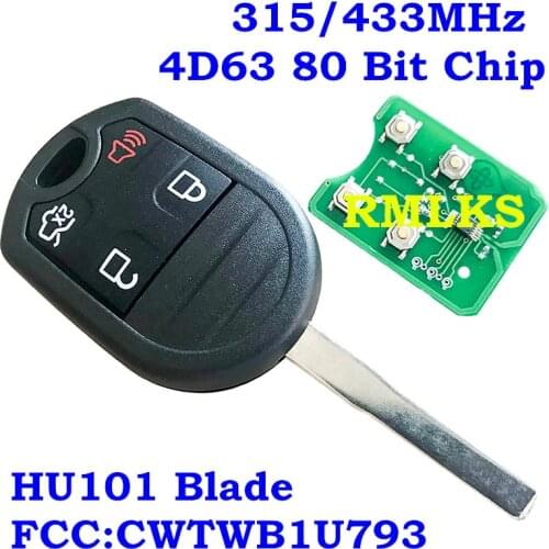 315MHz 433MHz 4 Buttons Remote Key Fob With 4D63 6F 80 Bit ID83 Chip For Ford F-150 F-250 F350 CWTWB1U793 With HU101 Blade