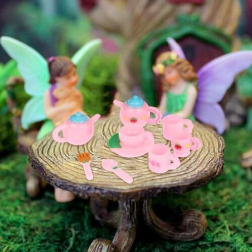 6/9 PCS 1/12 Scale Dollhouse Miniature Resin Teapot Cup Plate Fork, Strawberry Chi Fairy Garden Accessories