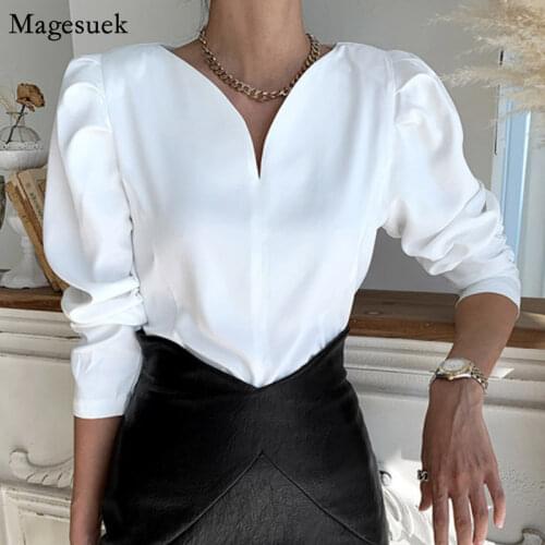 Puff Sleeve Office Lady V-neck Long Sleeve Women Blouse Spring New Korean Chic Casual Woman Shirts White Tops Blusas Mujer 12899