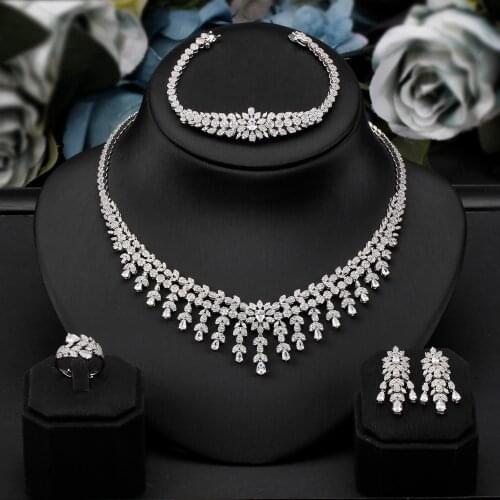 BrideTalk Unique Elegant Women Wedding 4 PCS CZ Necklace Earrings Bangle Ring Cubic Zirconia High Quality Bridal Jewelry Sets